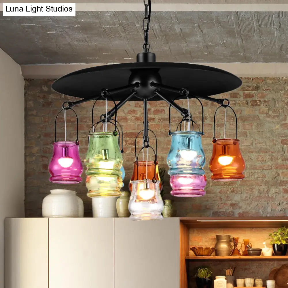 10-Head Industrial Can Pendant Lighting: Arc Colorful Glass Chandelier In Black/Rust/Gold With