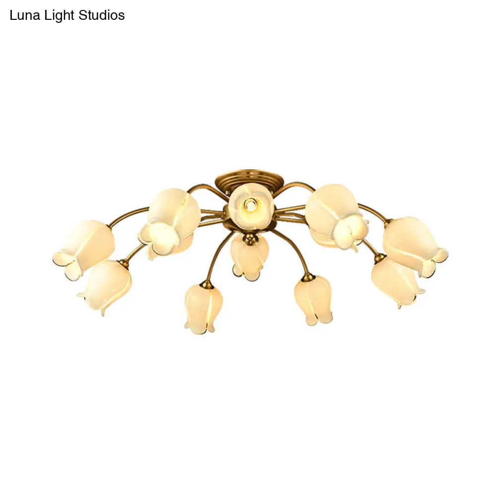 10-Head Led Semi Flush Mount Ceiling Light For Bedroom With Pastoral Lily/Tulip Glass Shade -