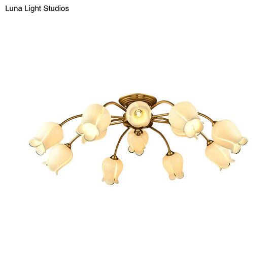 10-Head Led Semi Flush Mount Ceiling Light For Bedroom With Pastoral Lily/Tulip Glass Shade -