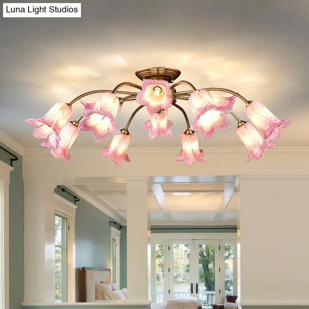 10-Head Led Semi Flush Mount Ceiling Light For Bedroom With Pastoral Lily/Tulip Glass Shade -