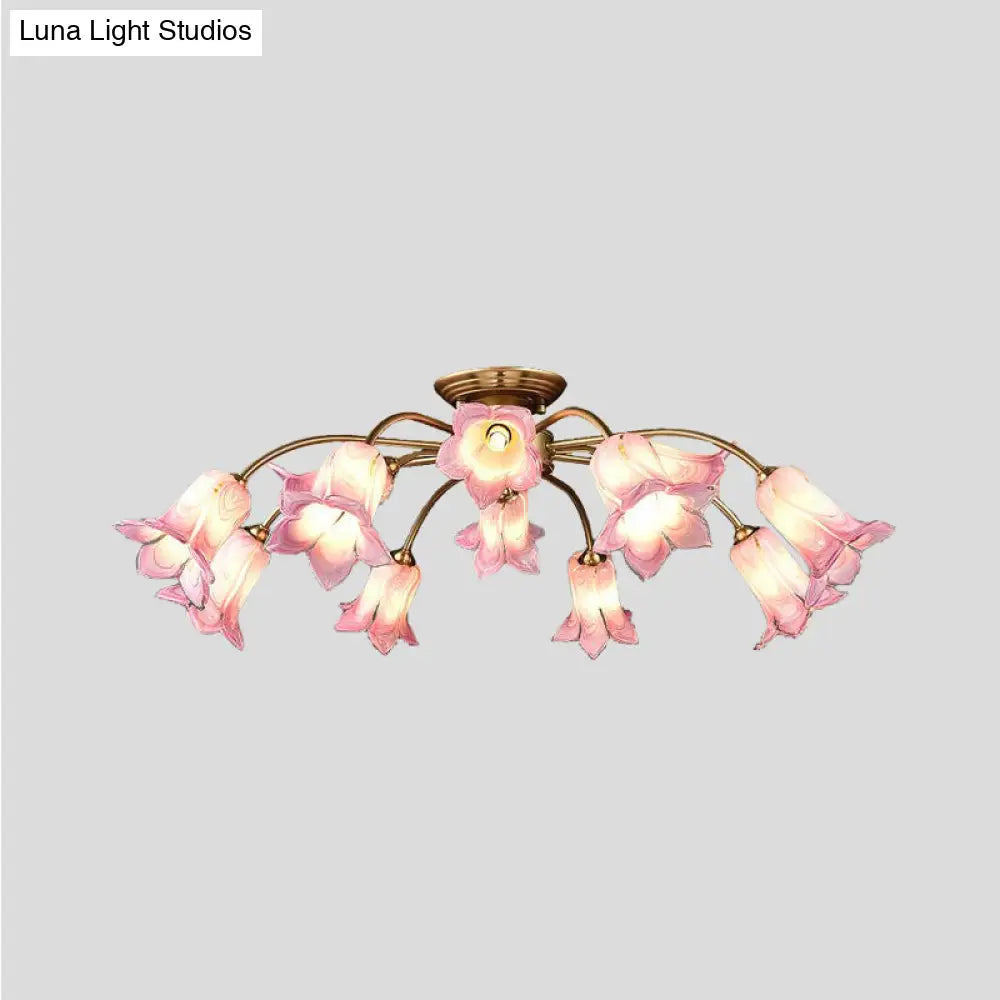 10 - Head Led Semi Flush Mount Ceiling Light For Bedroom With Pastoral Lily/Tulip Glass Shade -