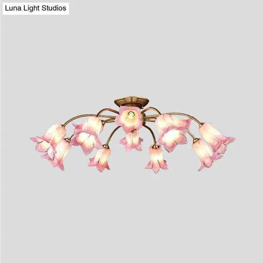 10 - Head Led Semi Flush Mount Ceiling Light For Bedroom With Pastoral Lily/Tulip Glass Shade -