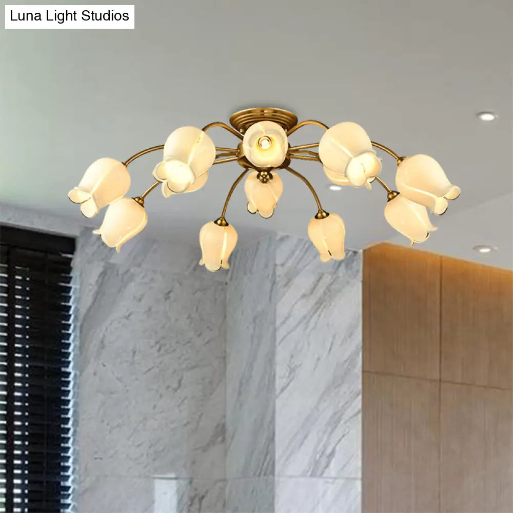 10-Head Led Semi Flush Mount Ceiling Light For Bedroom With Pastoral Lily/Tulip Glass Shade -