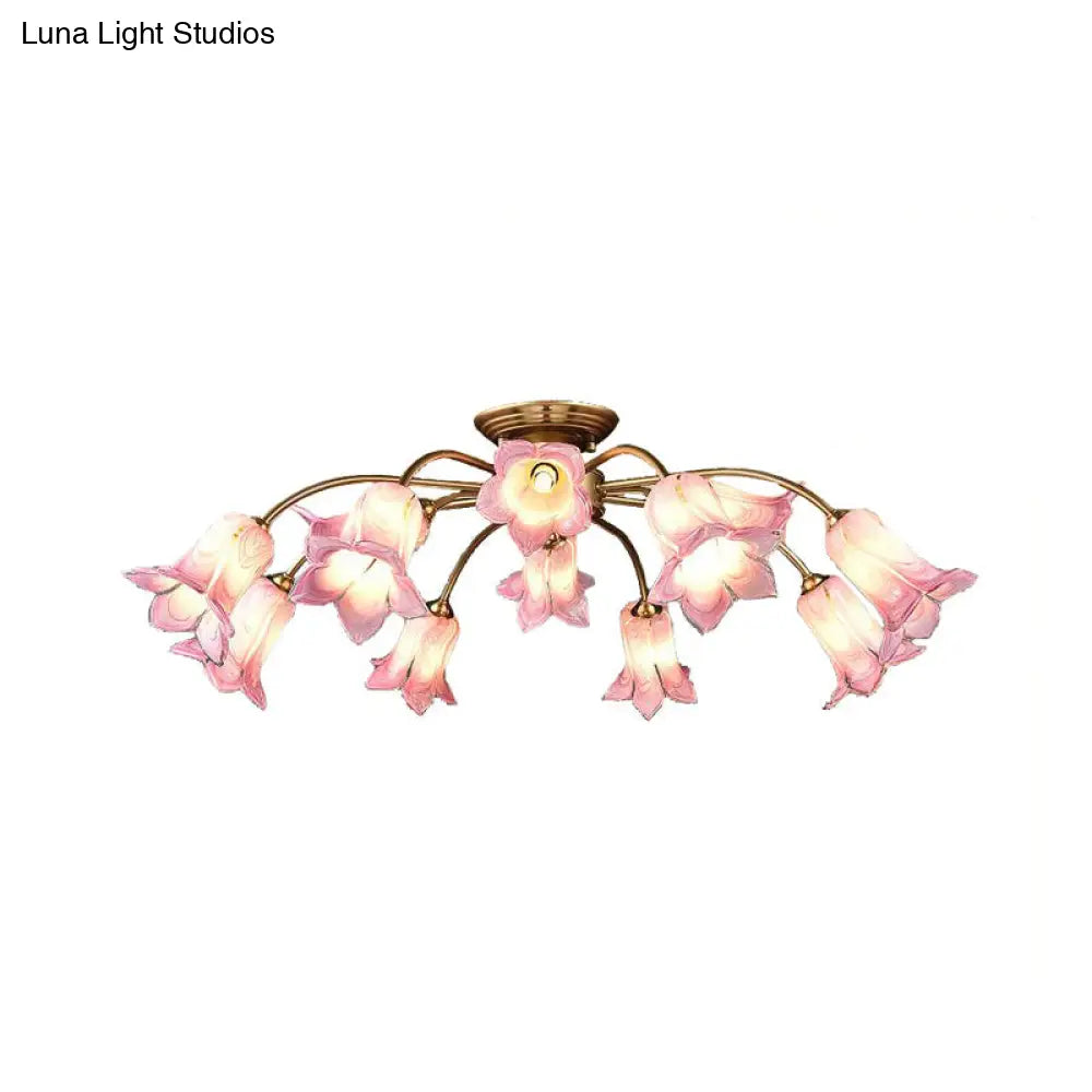 10-Head Led Semi Flush Mount Ceiling Light For Bedroom With Pastoral Lily/Tulip Glass Shade -