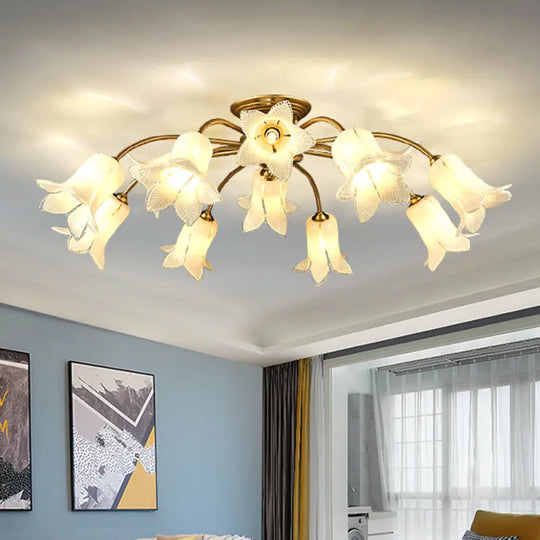 10 - Head Led Semi Flush Mount Ceiling Light For Bedroom With Pastoral Lily/Tulip Glass Shade -