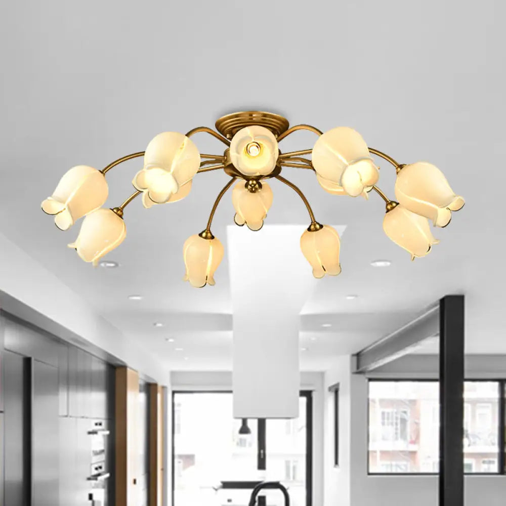 10 - Head Led Semi Flush Mount Ceiling Light For Bedroom With Pastoral Lily/Tulip Glass Shade -