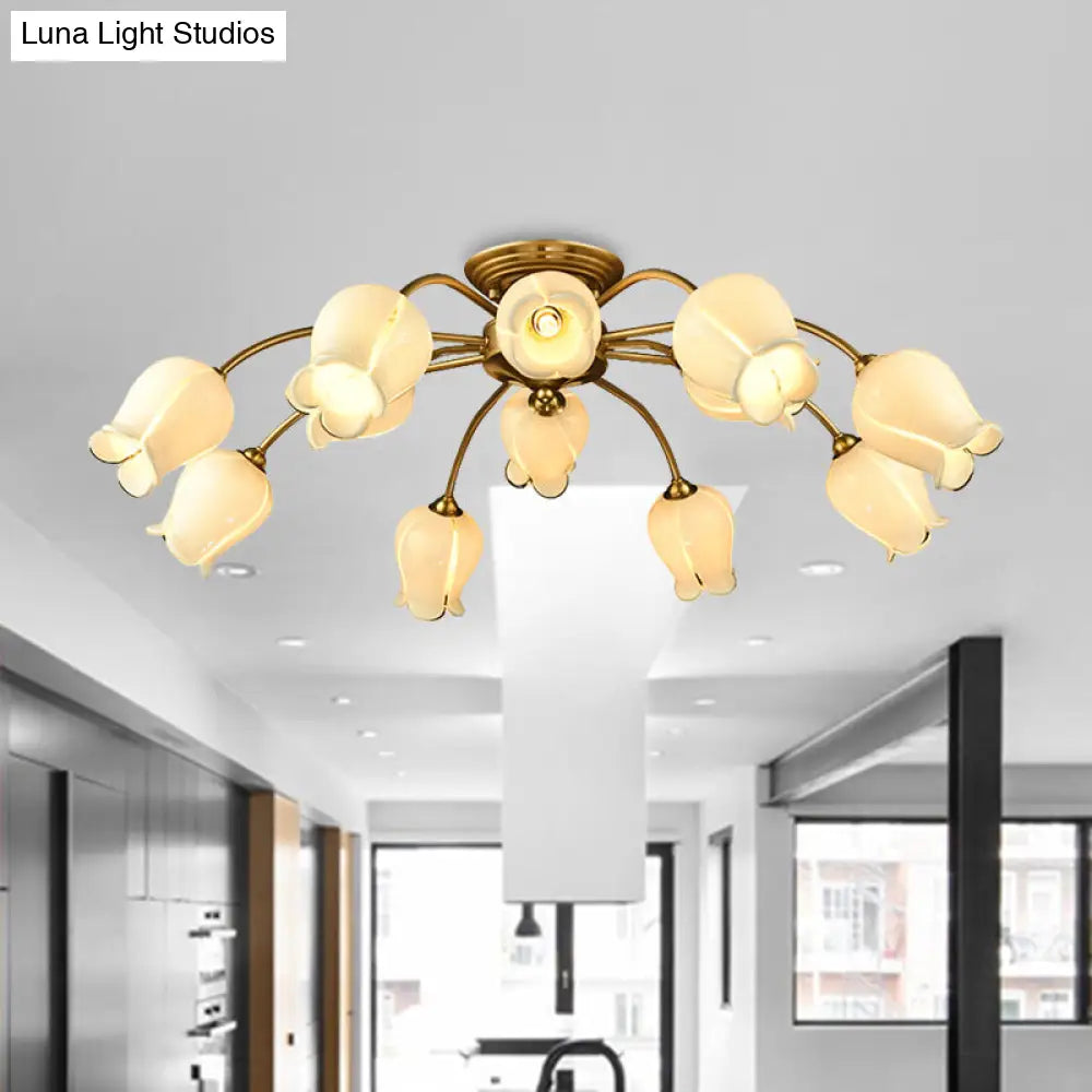 10-Head Led Semi Flush Mount Ceiling Light For Bedroom With Pastoral Lily/Tulip Glass Shade -