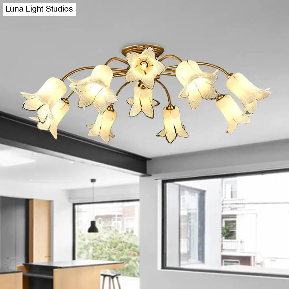 10-Head Led Semi Flush Mount Ceiling Light For Bedroom With Pastoral Lily/Tulip Glass Shade -