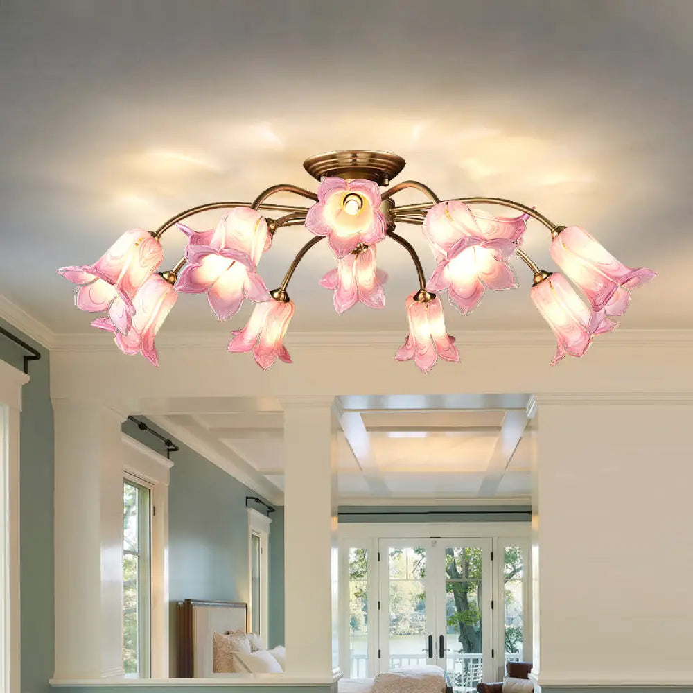 10 - Head Led Semi Flush Mount Ceiling Light For Bedroom With Pastoral Lily/Tulip Glass Shade -