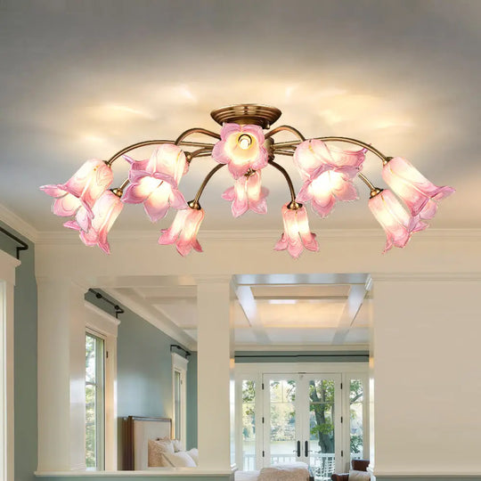 10 - Head Led Semi Flush Mount Ceiling Light For Bedroom With Pastoral Lily/Tulip Glass Shade -