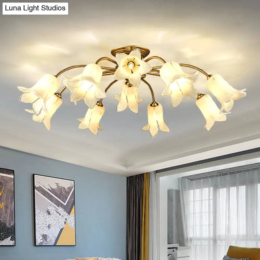 10-Head Led Semi Flush Mount Ceiling Light For Bedroom With Pastoral Lily/Tulip Glass Shade -