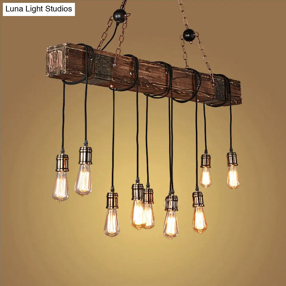 10-Head Metal Pendant Lamp With Exposed Bulbs And Wood Beam In Brown Finish