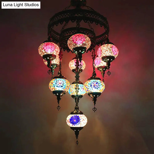 10-Head Multicolored Stained Glass Chandelier Lamp With Traditional Red/Pink/Yellow Design