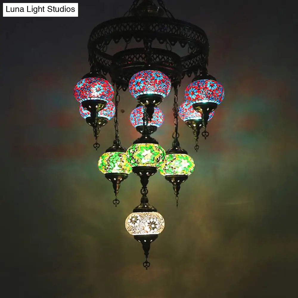 10-Head Multicolored Stained Glass Chandelier Lamp With Traditional Red/Pink/Yellow Design