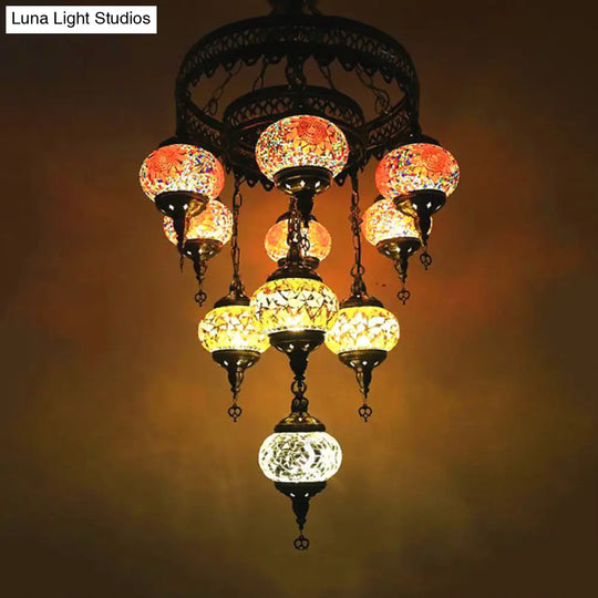 10-Head Multicolored Stained Glass Chandelier Lamp With Traditional Red/Pink/Yellow Design