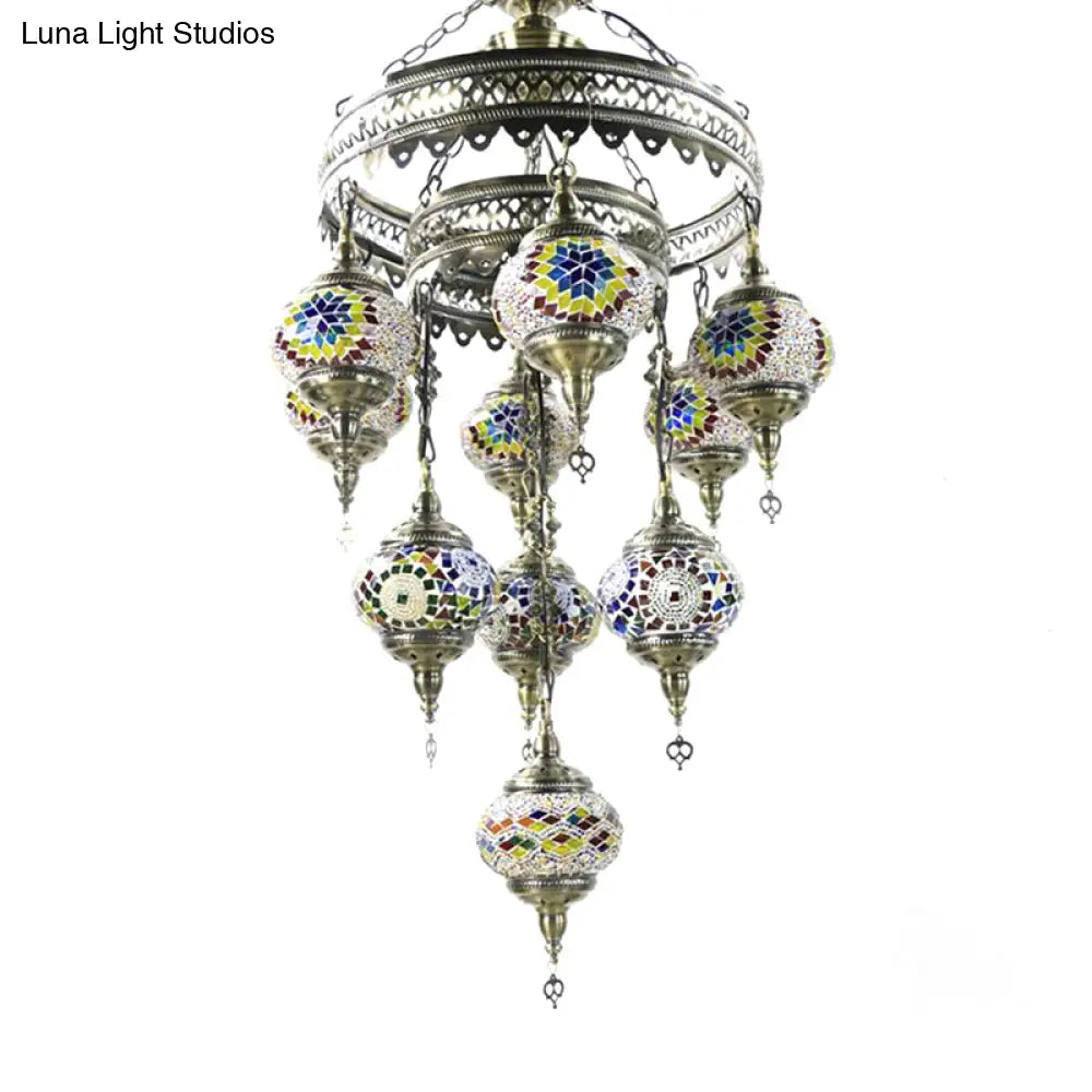 10-Head Multicolored Stained Glass Chandelier Lamp With Traditional Red/Pink/Yellow Design