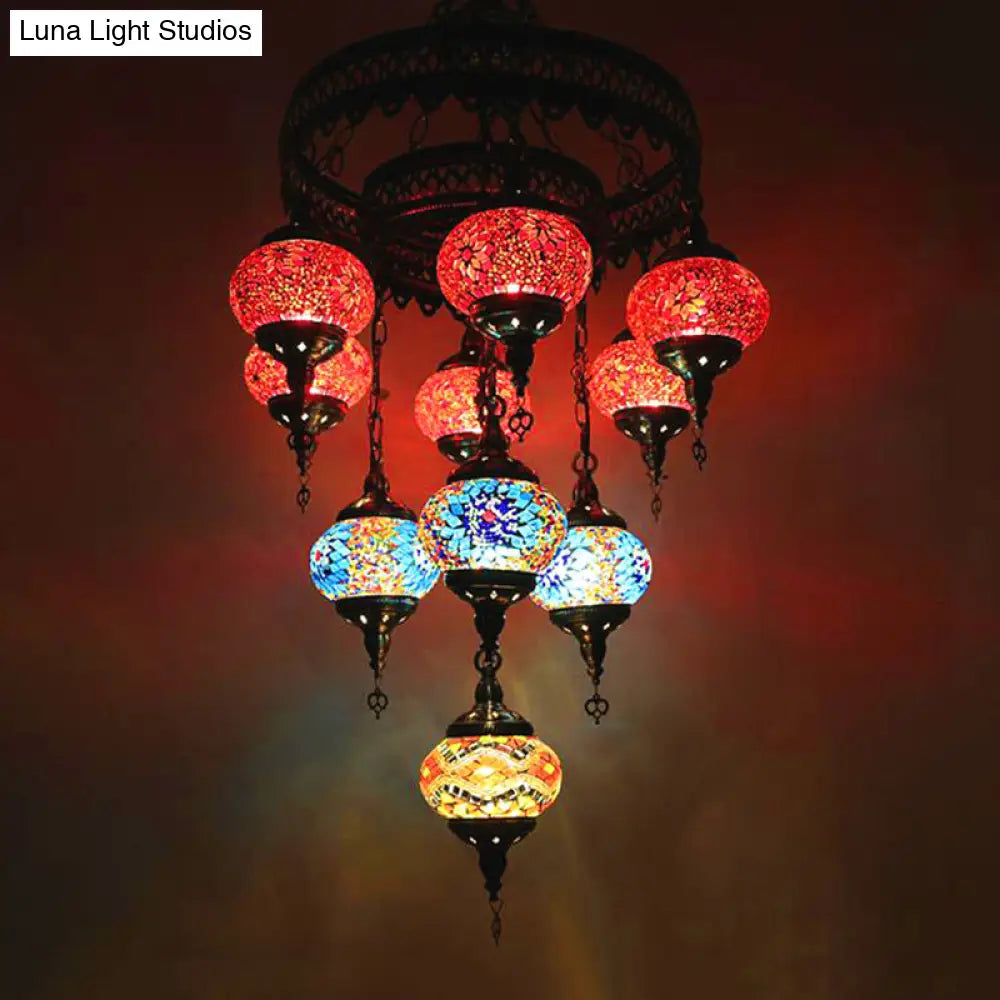 10-Head Multicolored Stained Glass Chandelier Lamp With Traditional Red/Pink/Yellow Design