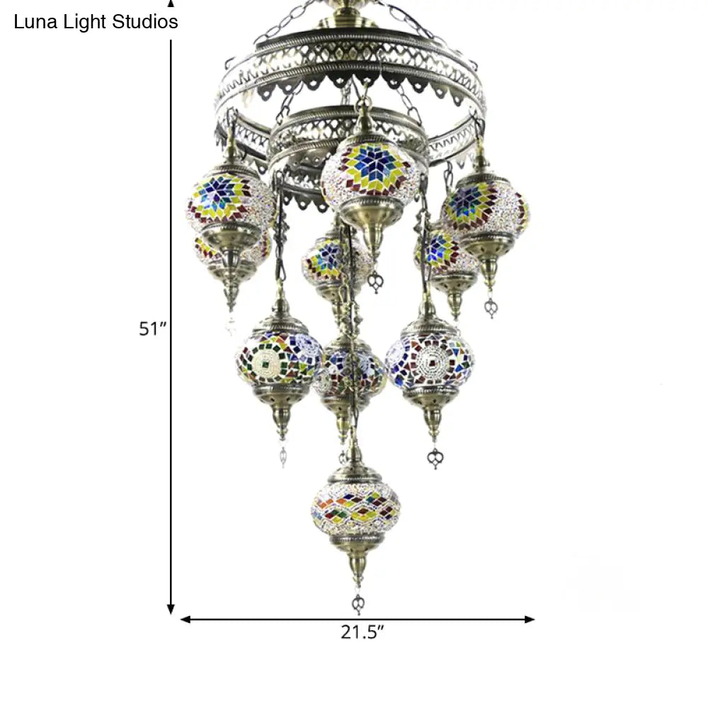 10-Head Multicolored Stained Glass Chandelier Lamp With Traditional Red/Pink/Yellow Design