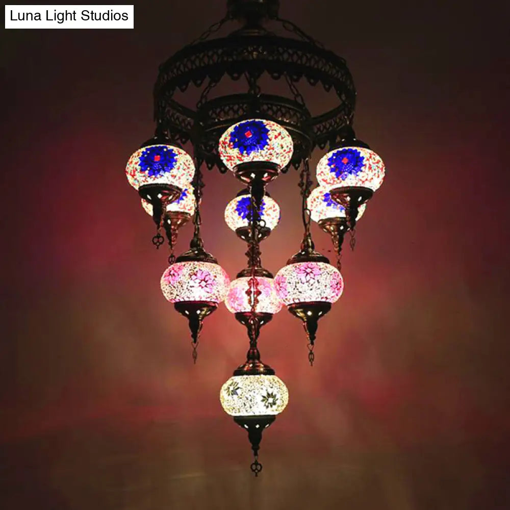 10-Head Multicolored Stained Glass Chandelier Lamp With Traditional Red/Pink/Yellow Design