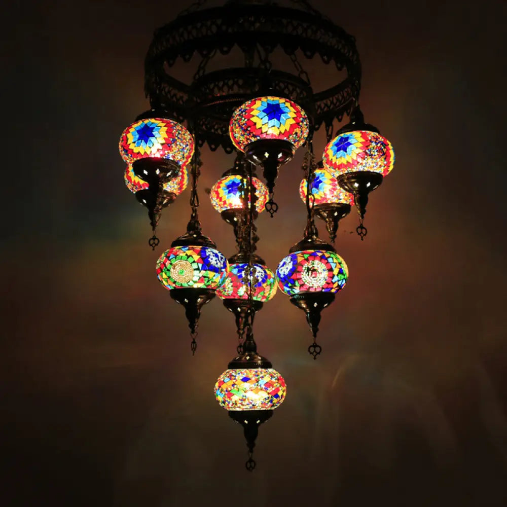 10-Head Multicolored Stained Glass Chandelier Lamp With Traditional Red/Pink/Yellow Design Blue