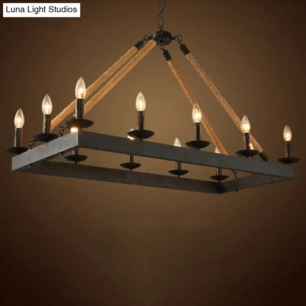 10-Head Rope Hanging Island Light: Industrial Metal Lamp In Black With Candle Design
