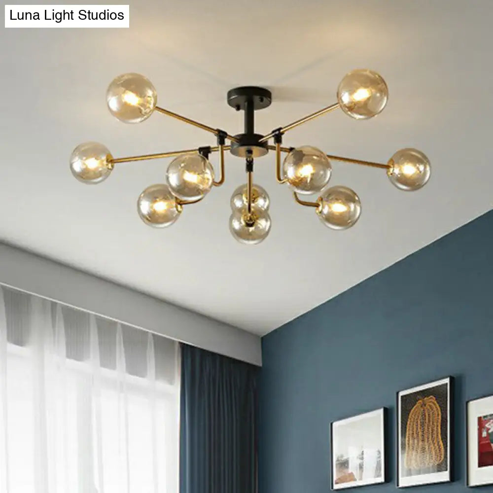 Modern Radial Chandelier With 10 Lights Black And Brass Finish Glass Ball Shades