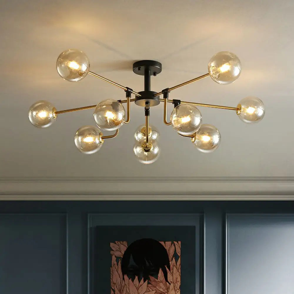 10-Light Black And Brass Chandelier With Radial Pendant Ball Glass Shade: A Postmodern Statement