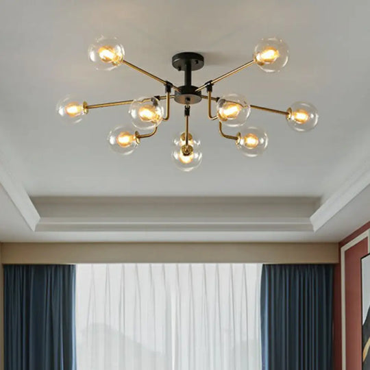 10-Light Black And Brass Chandelier With Radial Pendant Ball Glass Shade: A Postmodern Statement