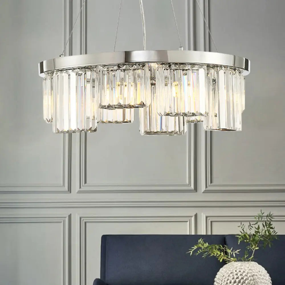 10-Light Chrome Cylinder Ceiling Chandelier With Rectangular-Cut Crystal Hanging Lamp Kit