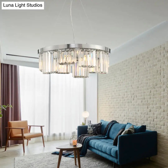 10-Light Chrome Cylinder Ceiling Chandelier With Rectangular-Cut Crystal Hanging Lamp Kit