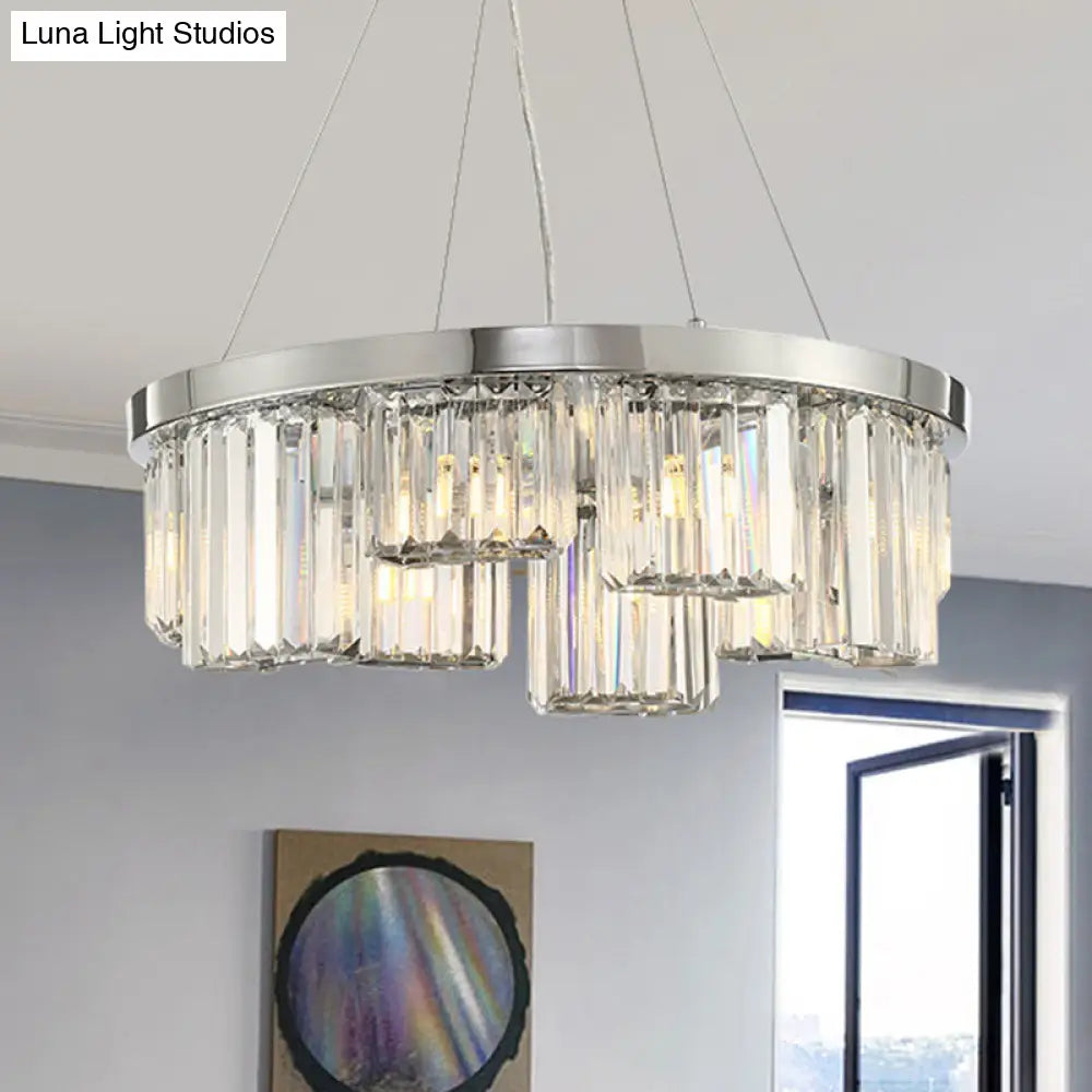 10-Light Chrome Cylinder Ceiling Chandelier With Rectangular-Cut Crystal Hanging Lamp Kit