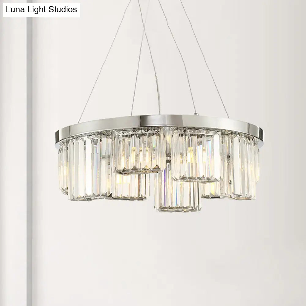 10-Light Chrome Cylinder Ceiling Chandelier With Rectangular-Cut Crystal Hanging Lamp Kit