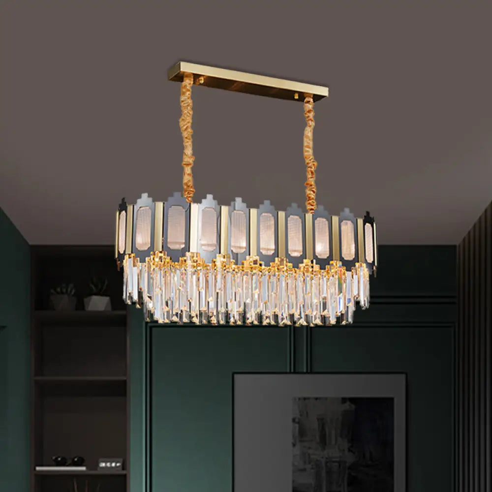 10-Light Clear Crystal Island Pendant: Contemporary Nickle Suspension Lamp For Dining Room