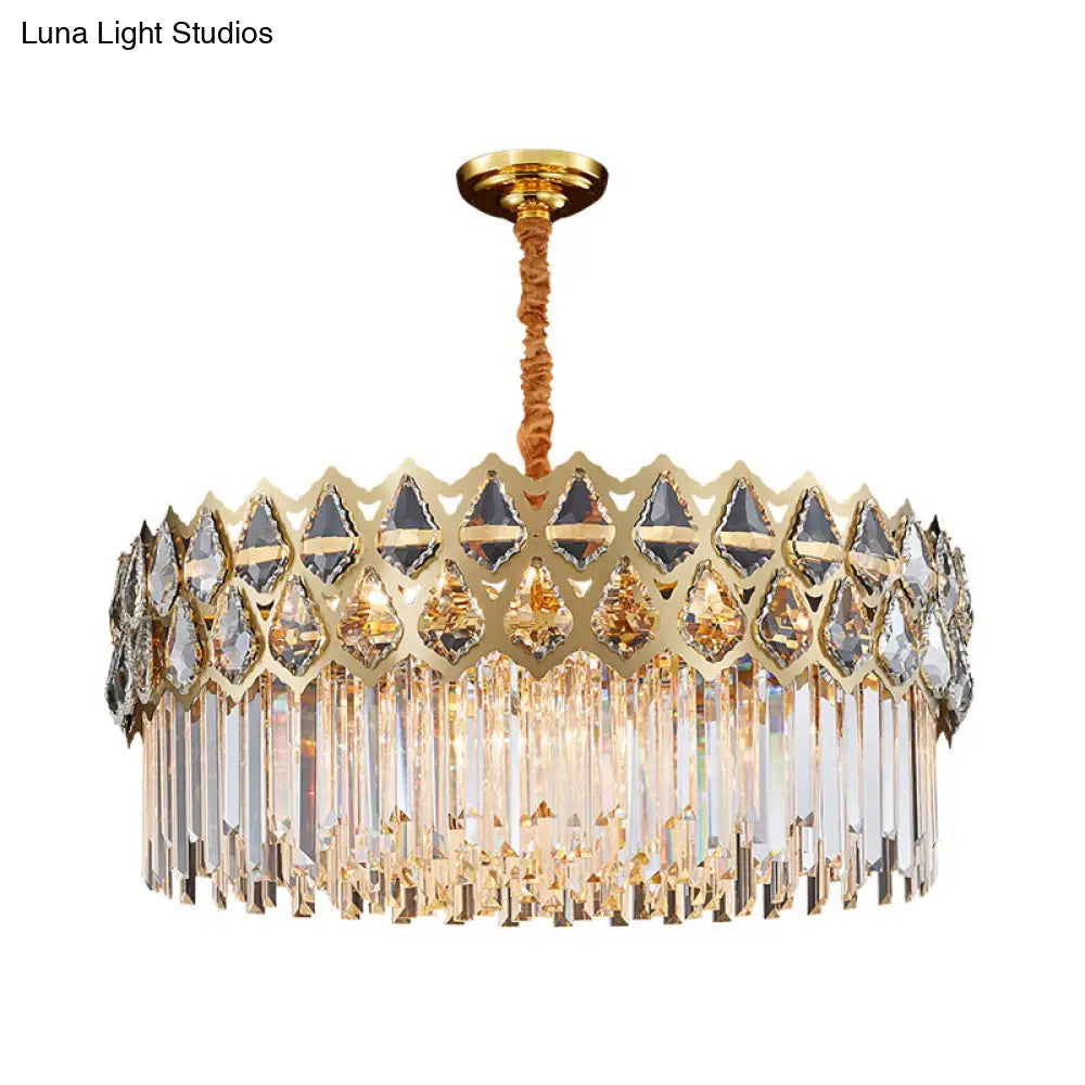 10-Light Crystal Block Pendant Chandelier In Gold For Bedroom