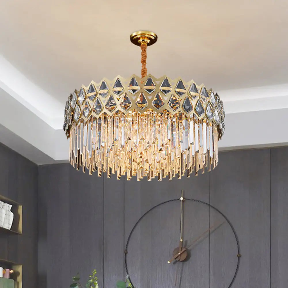 10-Light Crystal Block Pendant Chandelier In Gold For Bedroom