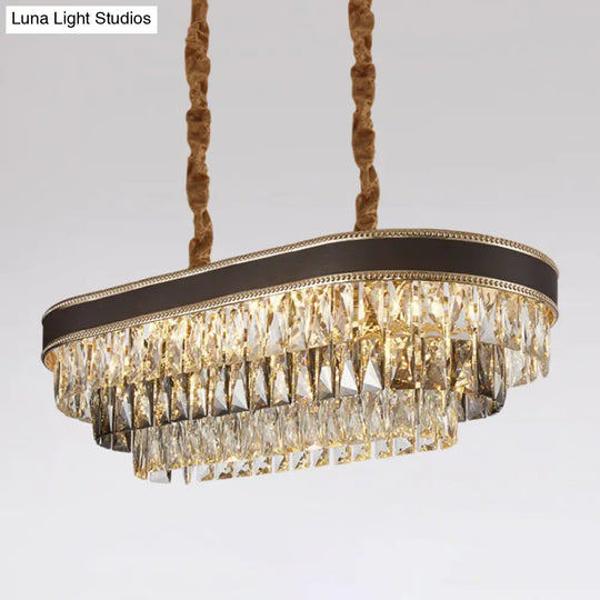 10-Light Ellipse Island Pendant With Crystal Rectangle Down Lighting In Black