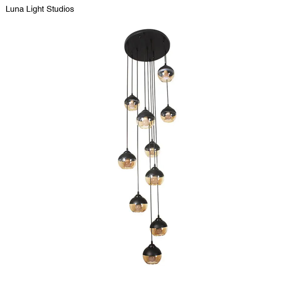 10-Light Simple Stair Multi Lamp Pendant With Cognac Glass Shade In Black