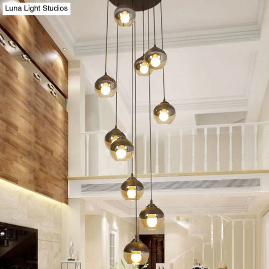 10-Light Hanging Stair Pendant With Cognac Glass Shades