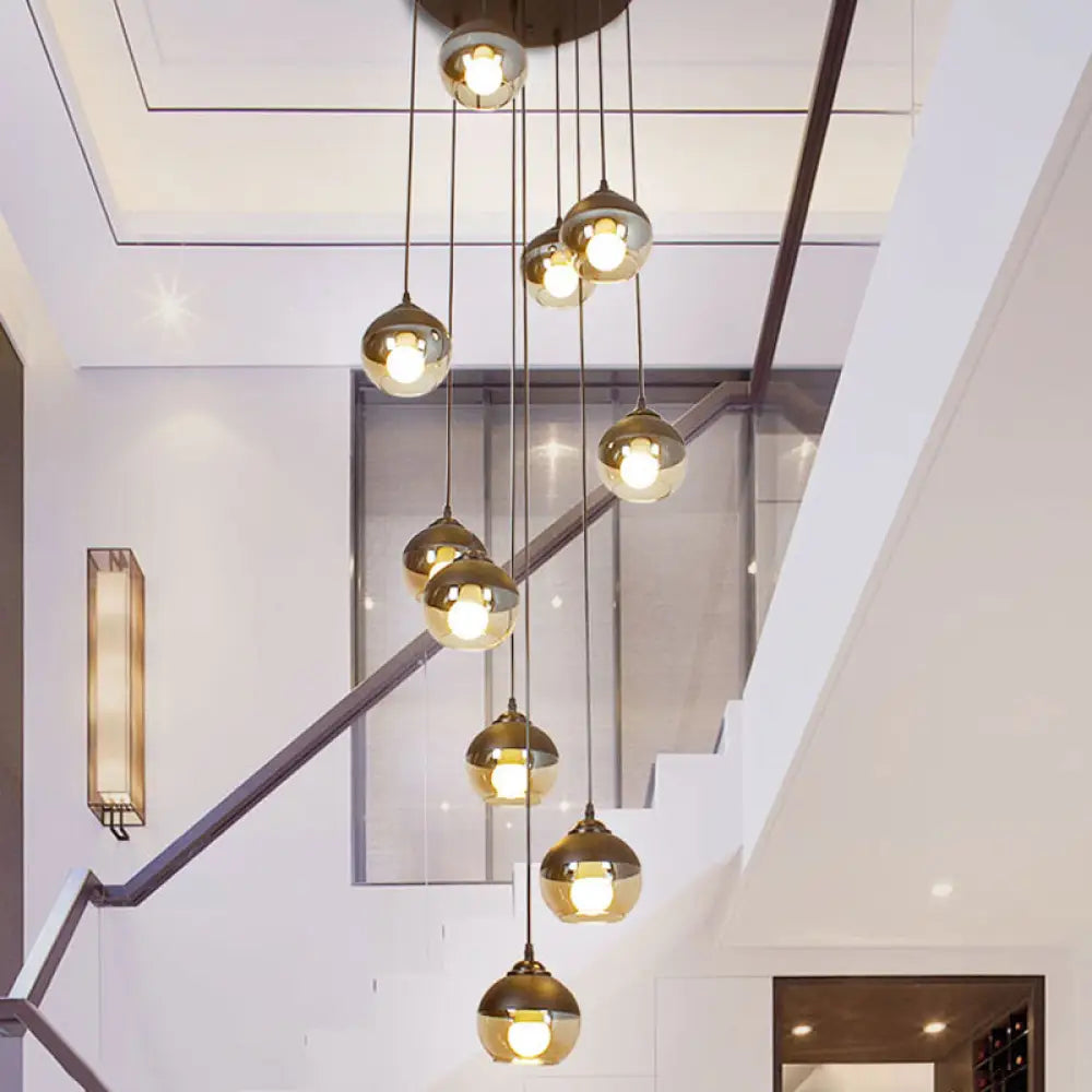 10-Light Hanging Stair Pendant With Cognac Glass Shades Black