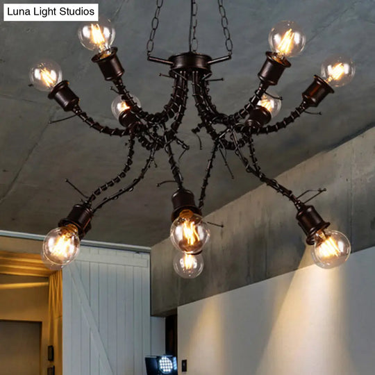 10-Light Human Shade Chandelier In Loft Style Black Metal Pendant Light For Bedroom With Sputnik