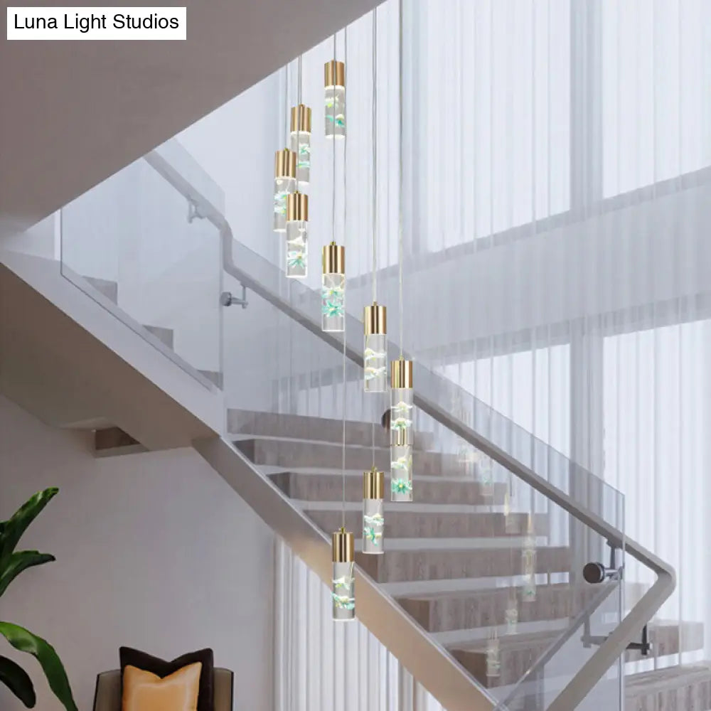 Spiral Cluster Tube Pendant: 10-Light Modern Gold Acrylic Hanging Fixture