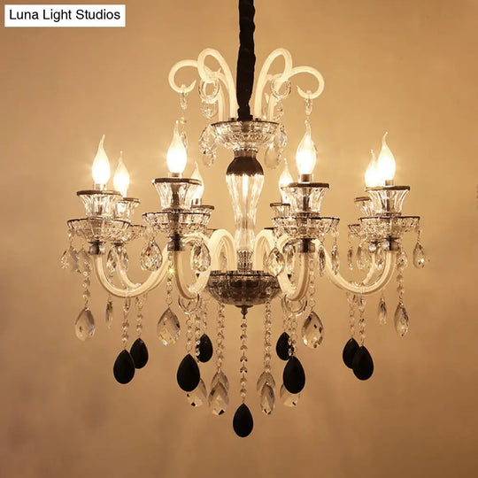 10-Light Vintage Candlestick Chandelier With Clear And Black Crystal Pendant Glass Arms