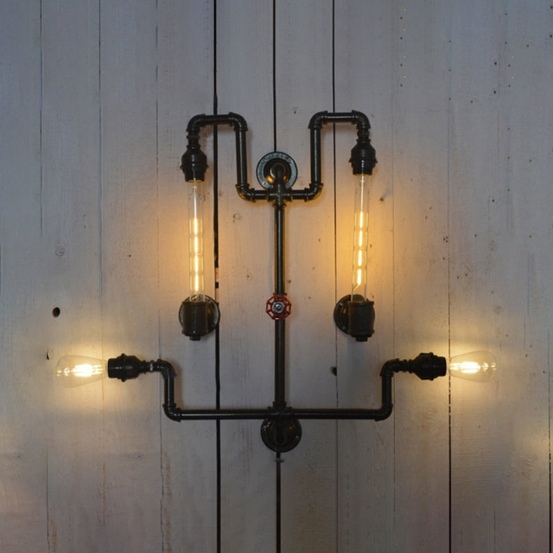 Industrial Twisted Pipe Wall Sconce With 4 Lights: Wrought Iron Lighting In Black For Restaurants