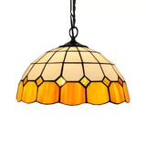 Beige/Orange/Blue Tiffany Dome Pendant Light - Stained Art Glass Ceiling Fixture For Living Room
