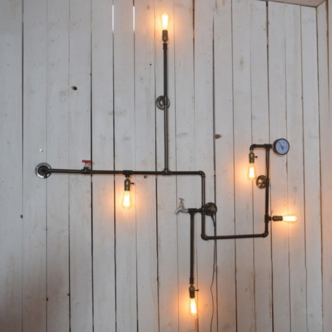 Vintage Iron 5-Light Restaurant Sconce: Plumbing Pipe Wall Mount With Bare Bulb Style - Black