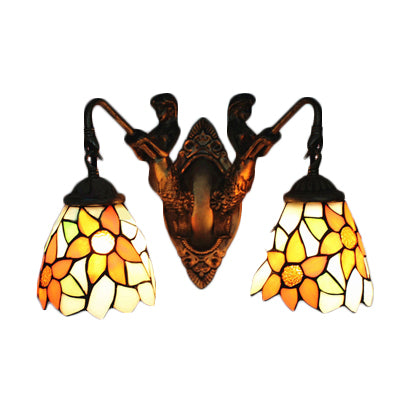 Baroque Brass Bell Sconce: 2-Light Multicolored Stained Glass Wall Mount