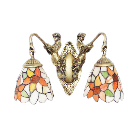 Baroque Brass Bell Sconce: 2-Light Multicolored Stained Glass Wall Mount
