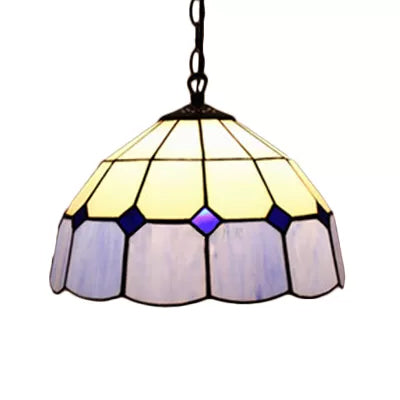 Tiffany Art Glass Dome Pendant Light - Beige/Orange/Blue 1 Bulb Ceiling Hang Fixture For Living