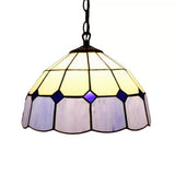 Tiffany Art Glass Dome Pendant Light - Beige/Orange/Blue 1 Bulb Ceiling Hang Fixture For Living