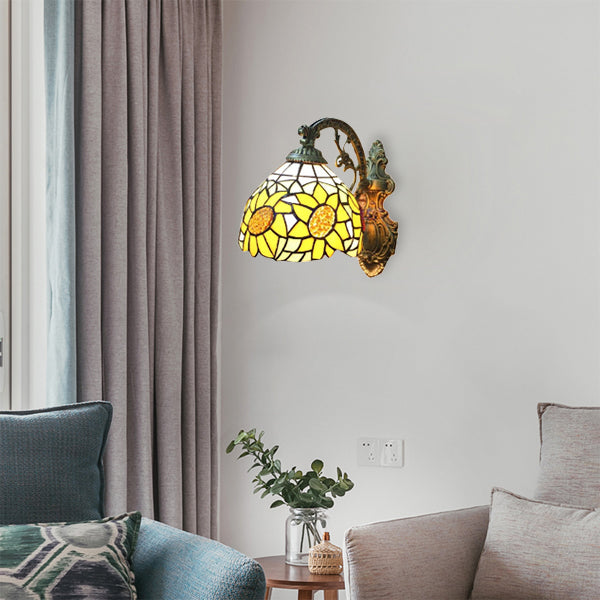 Stained Glass Sunflower Wall Sconce: Yellow Lodge Style Light For Bedroom